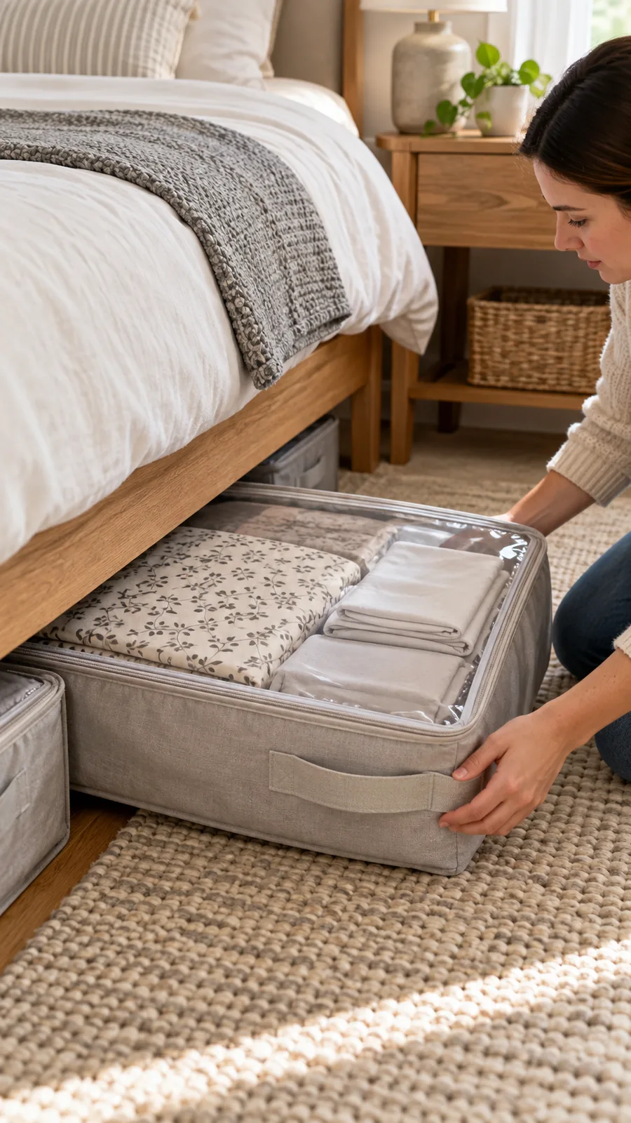 A Complete Spare-Bedding Set shown for under bed storage ideas small bedroom