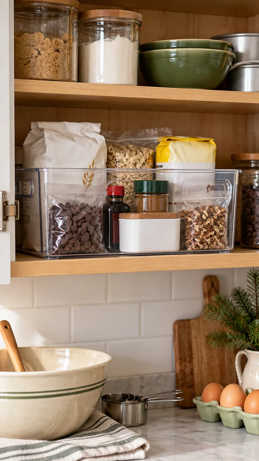 A Recipe-Ready Ingredient Bin shown for kitchen cabinet organization holiday baking