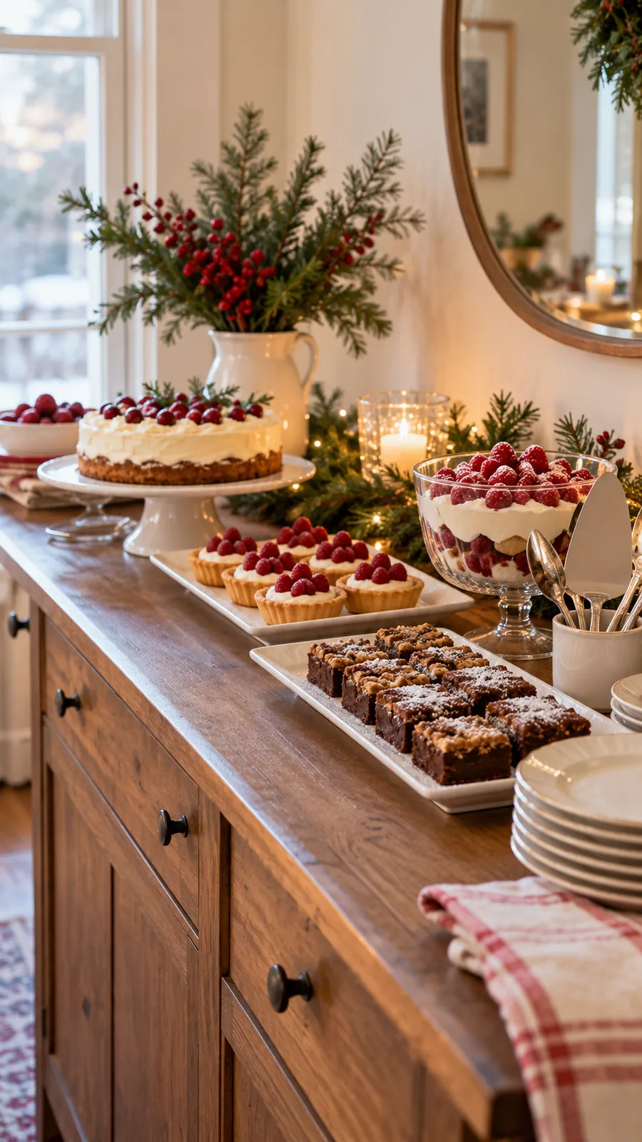 A Single-Level Serving Line shown for holiday dessert table ideas small space