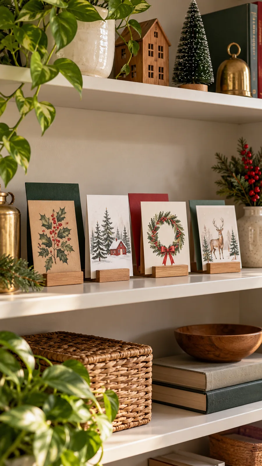 A Small Postcard-Stand Row shown for Christmas card display ideas small home