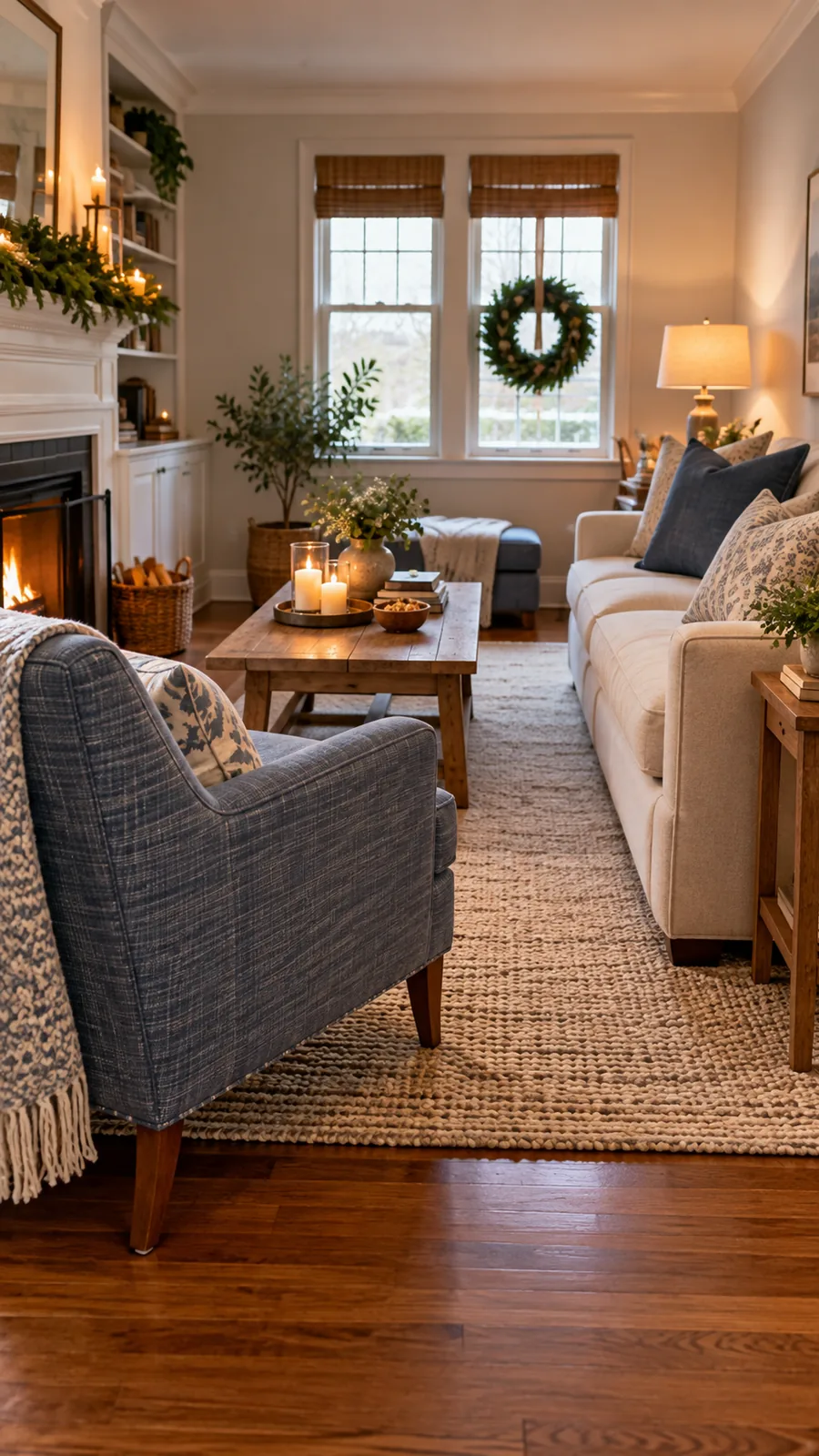 A Chair Turned Toward the Sofa shown for narrow living room seating ideas