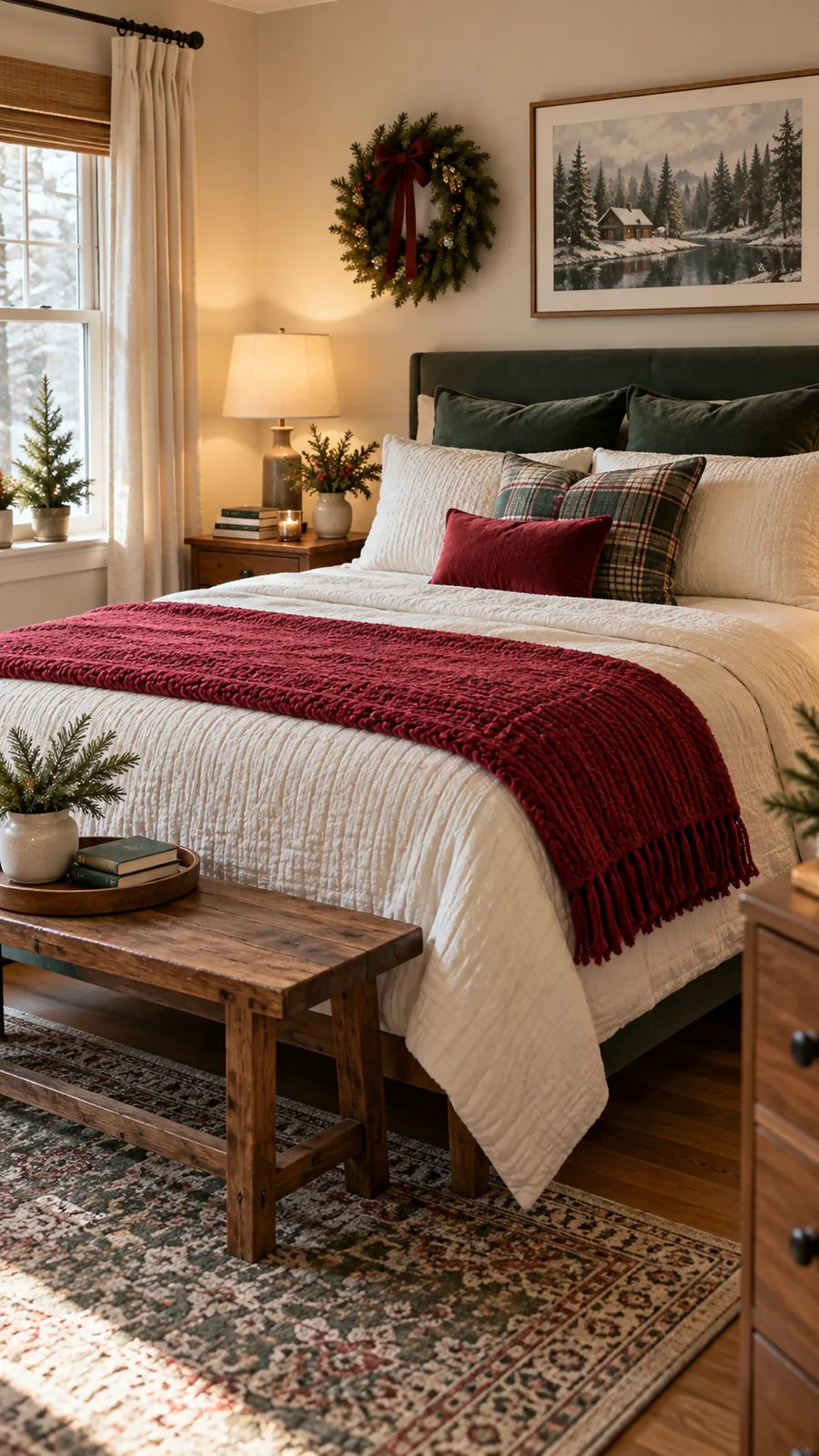 A Folded Cranberry Throw shown for Christmas bedroom decor small room