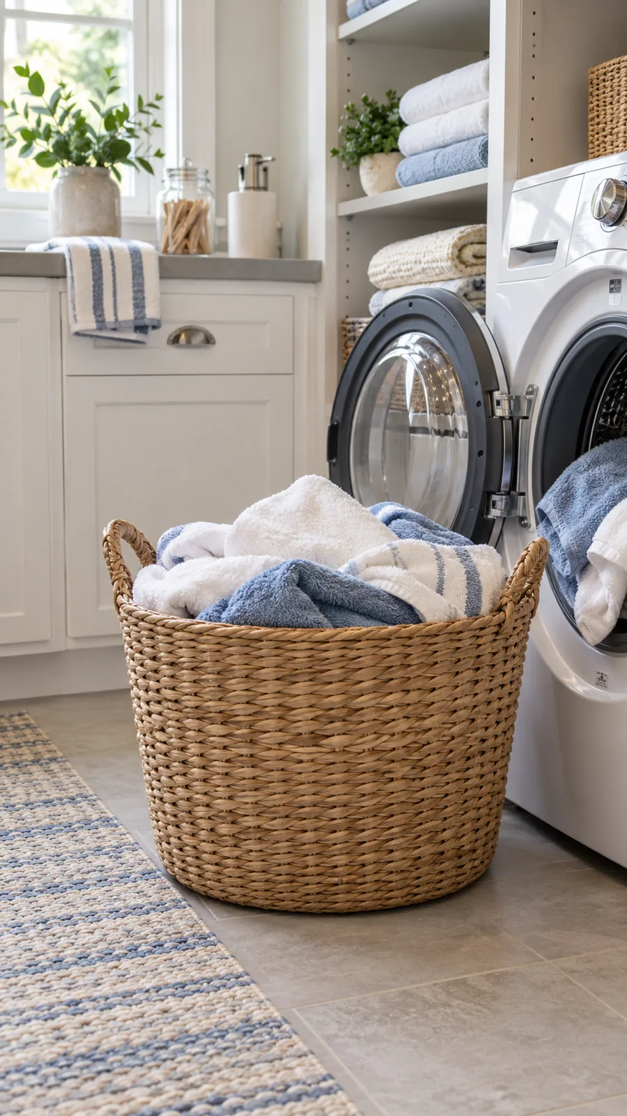 A Manageable Towel Basket shown for small laundry area organization ideas