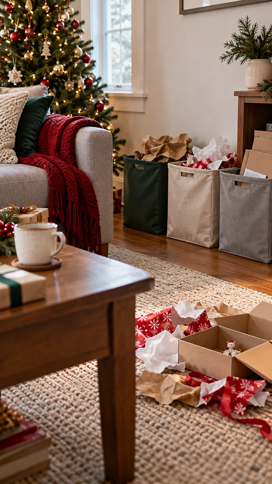A Packaging Collection Point shown for Christmas gift opening setup small home