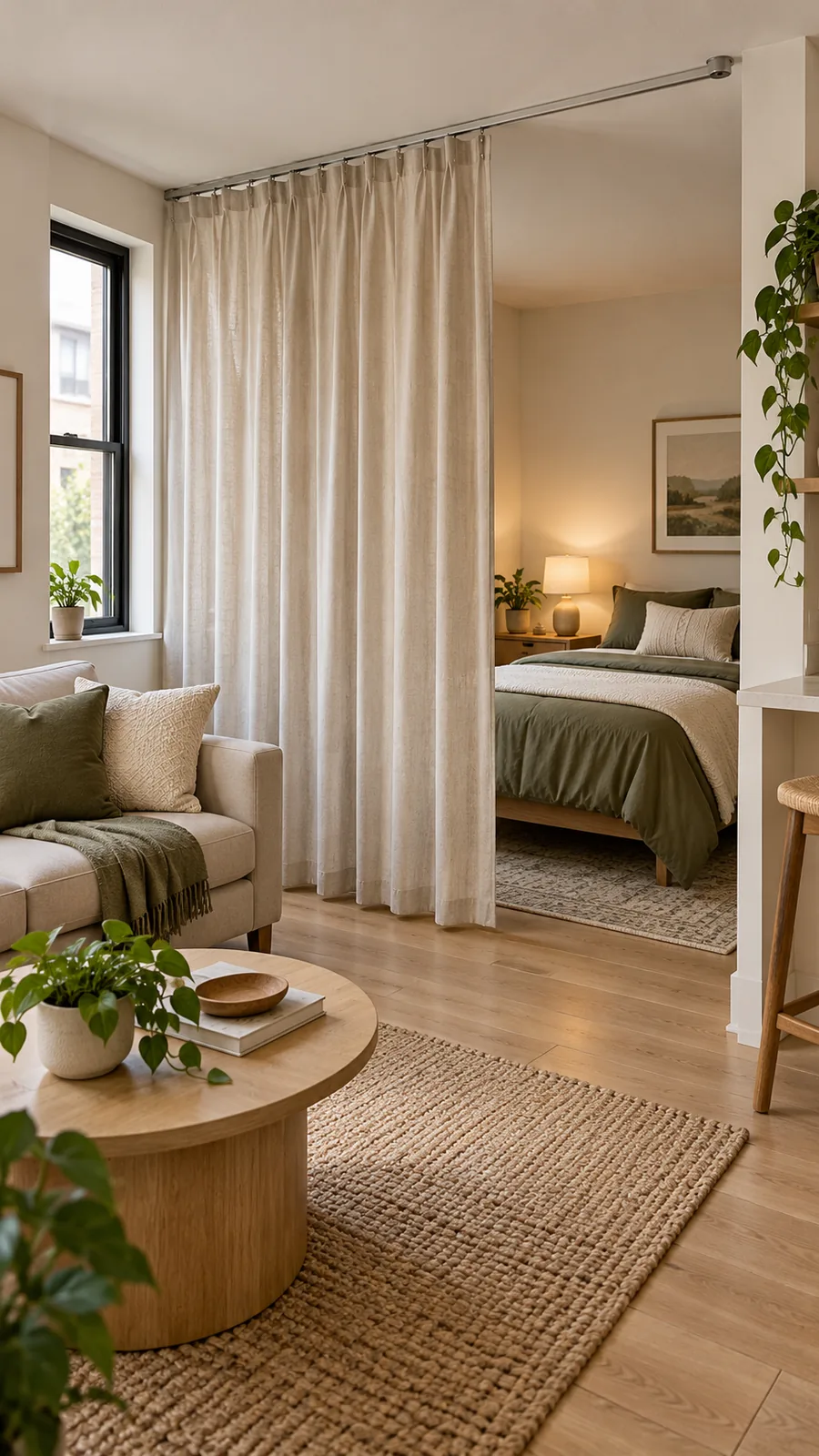 A Softer Curtain Boundary shown for studio apartment room divider ideas