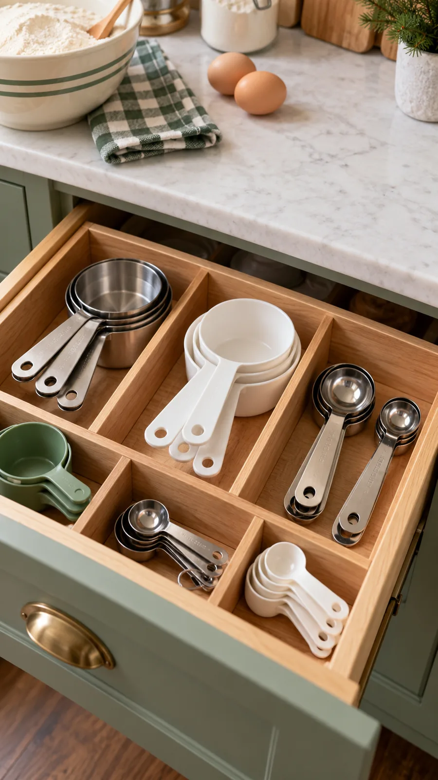 A Measuring-Tools Drawer Zone shown for kitchen cabinet organization holiday baking