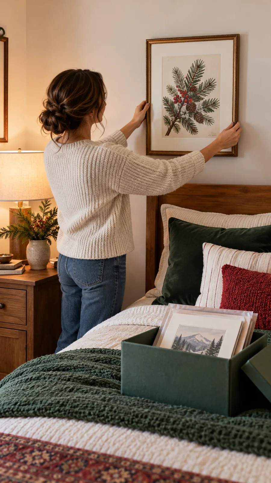 A Seasonal Print in an Existing Frame shown for Christmas bedroom decor small room