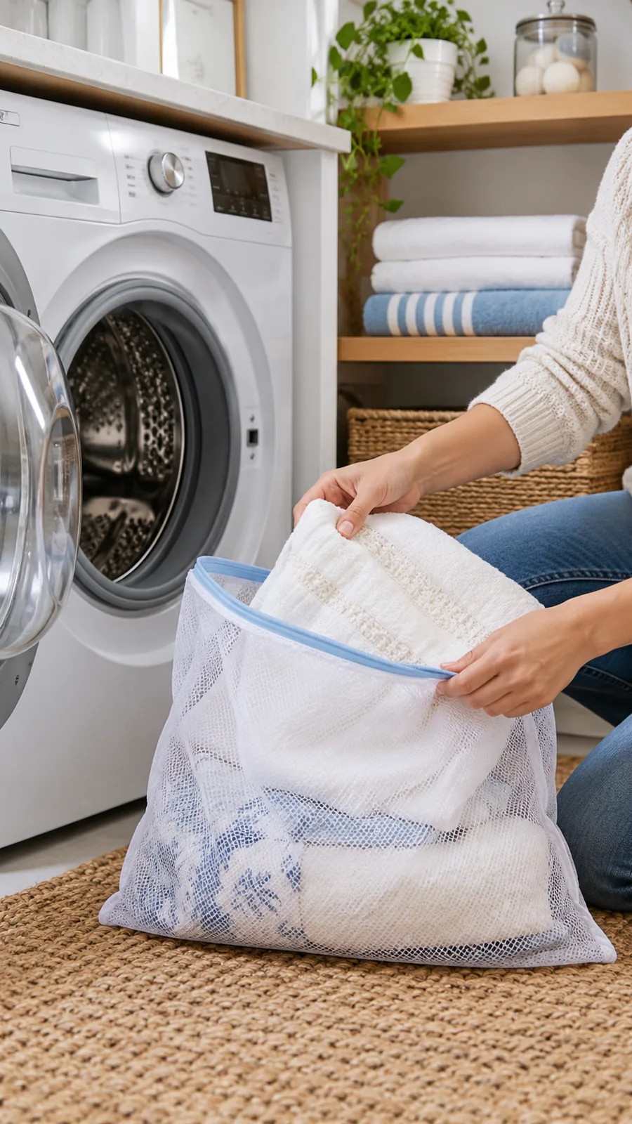 A Separate Delicate-Linen Bag shown for small laundry area organization ideas