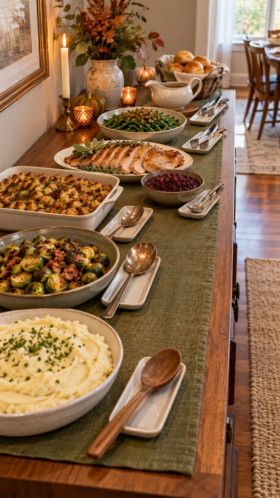 Utensils Beside Their Dishes shown for Thanksgiving buffet setup ideas