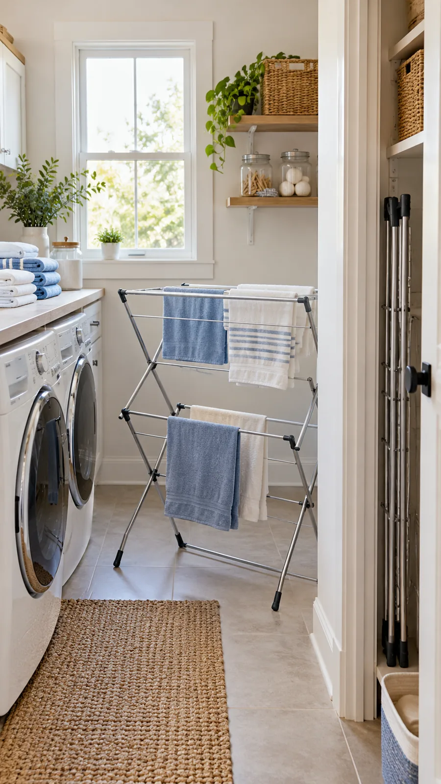 A Folded Drying-Rack Home shown for small laundry area organization ideas