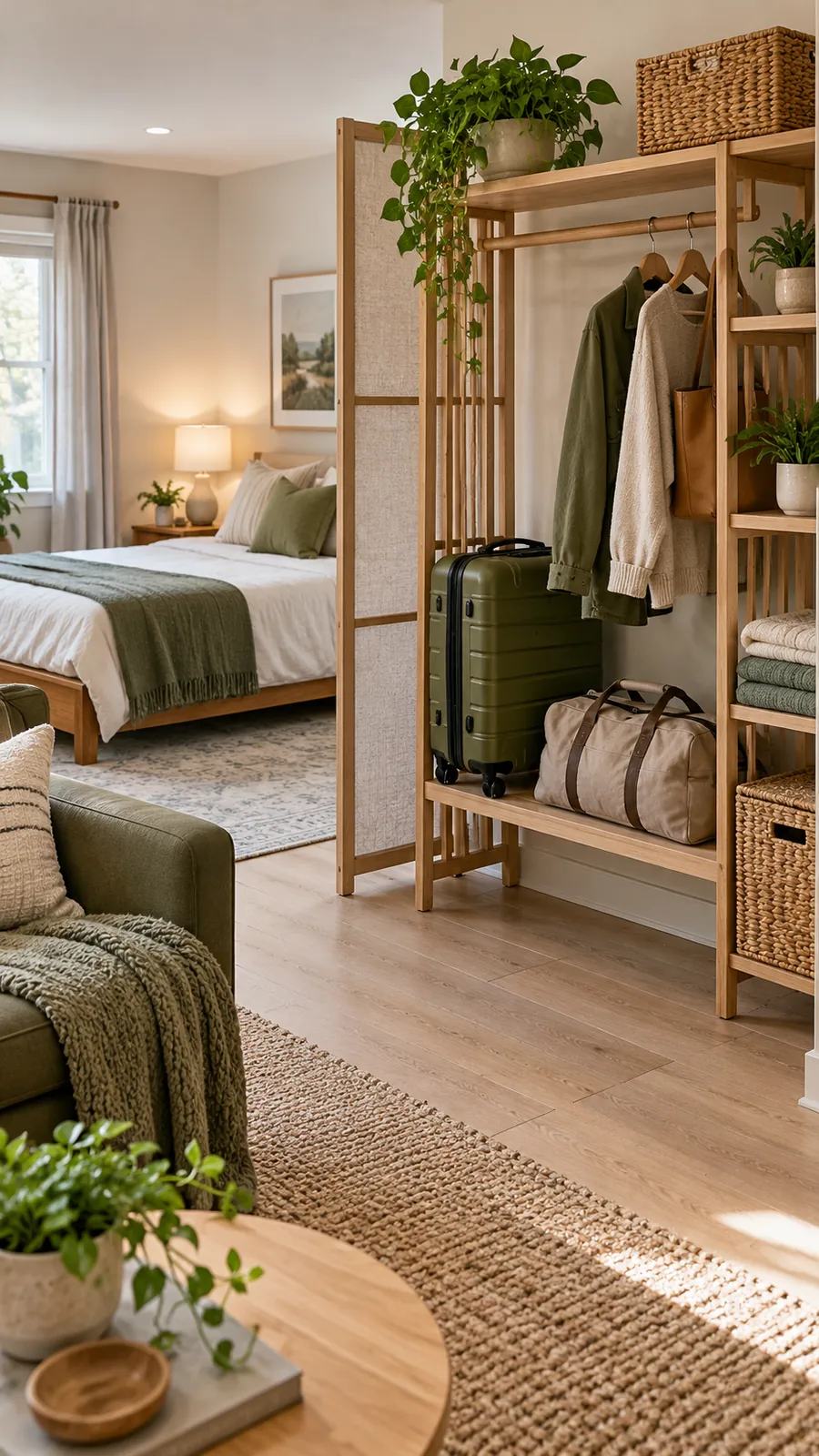 A Guest-Luggage Zone shown for studio apartment room divider ideas