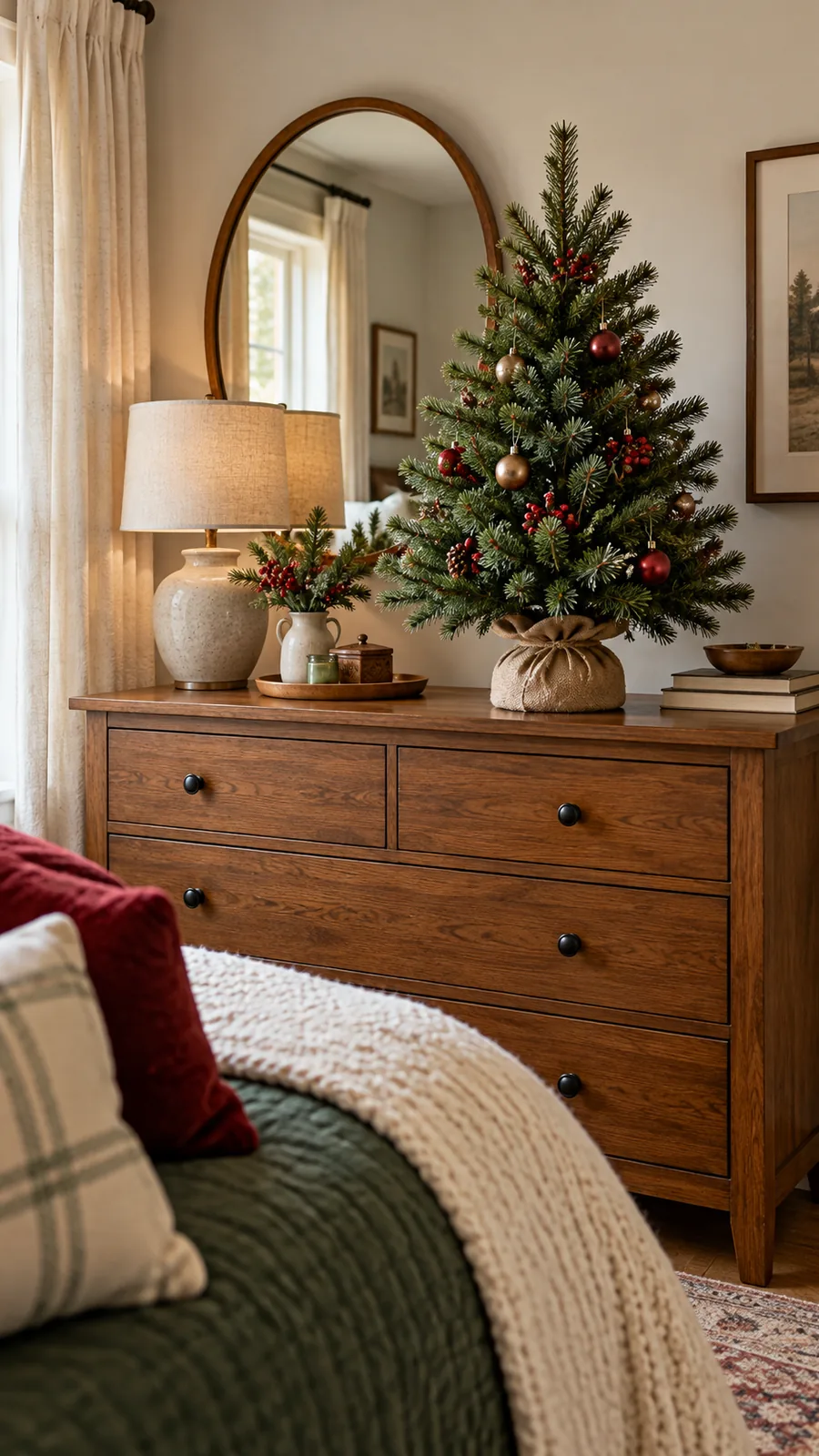 A Single Miniature Tree shown for Christmas bedroom decor small room