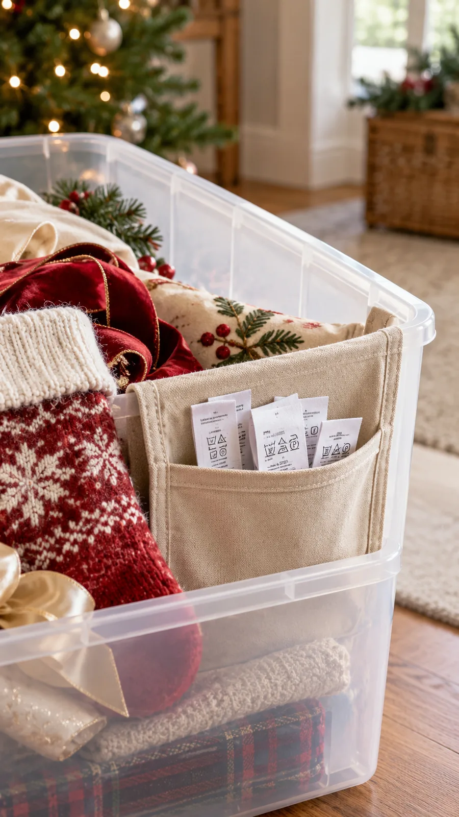 A Textile-Care Label Pocket shown for how to clean holiday decorations