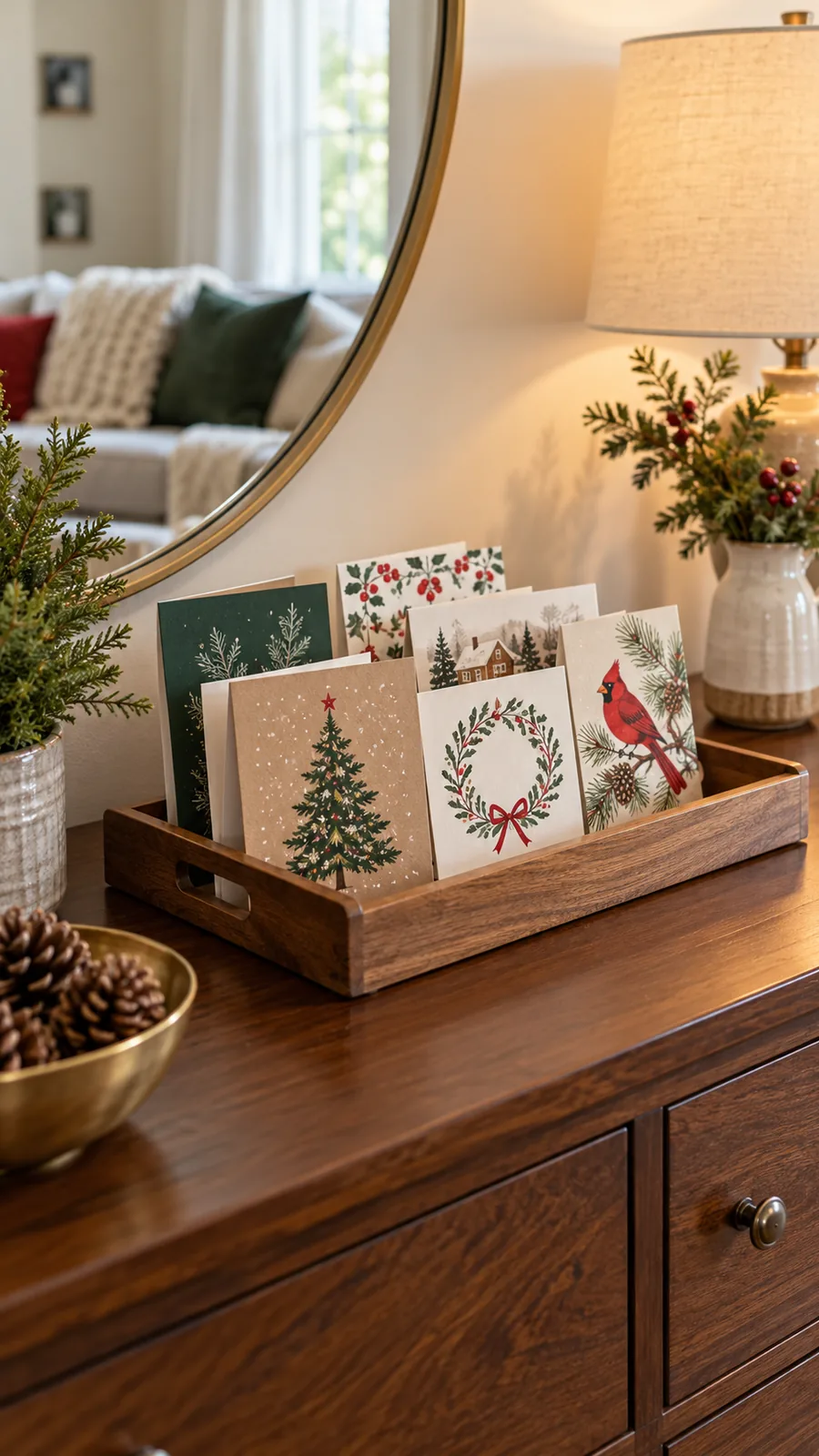 A Tray of Open Cards shown for Christmas card display ideas small home