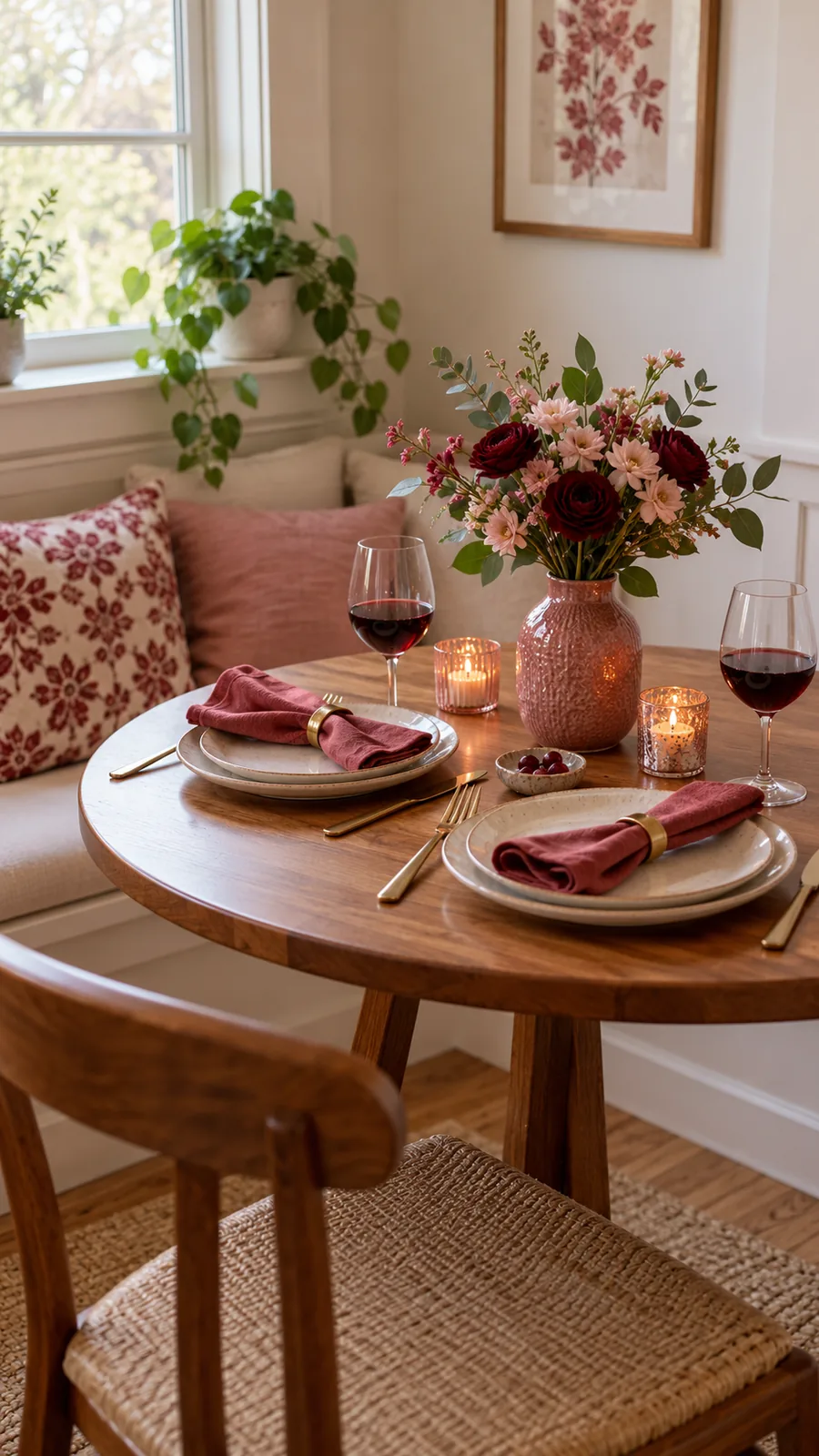 Everyday Plates with One Color Repeat shown for Valentines Day dining nook ideas