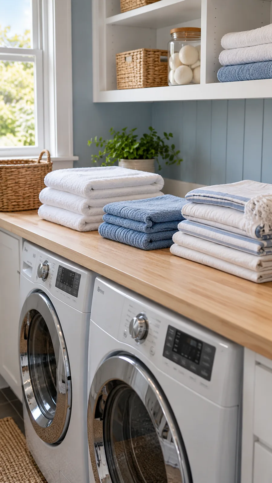 A Clean-Linen Landing Surface shown for small laundry area organization ideas