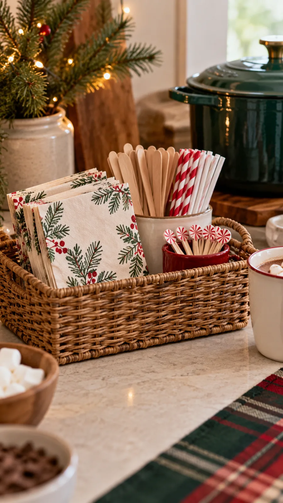 A Dry-Supply Basket shown for hot cocoa bar ideas small space