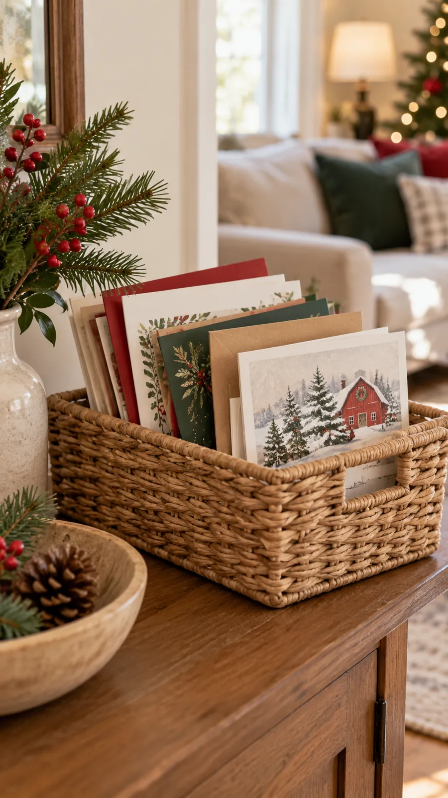 A Holiday Message Basket shown for Christmas card display ideas small home