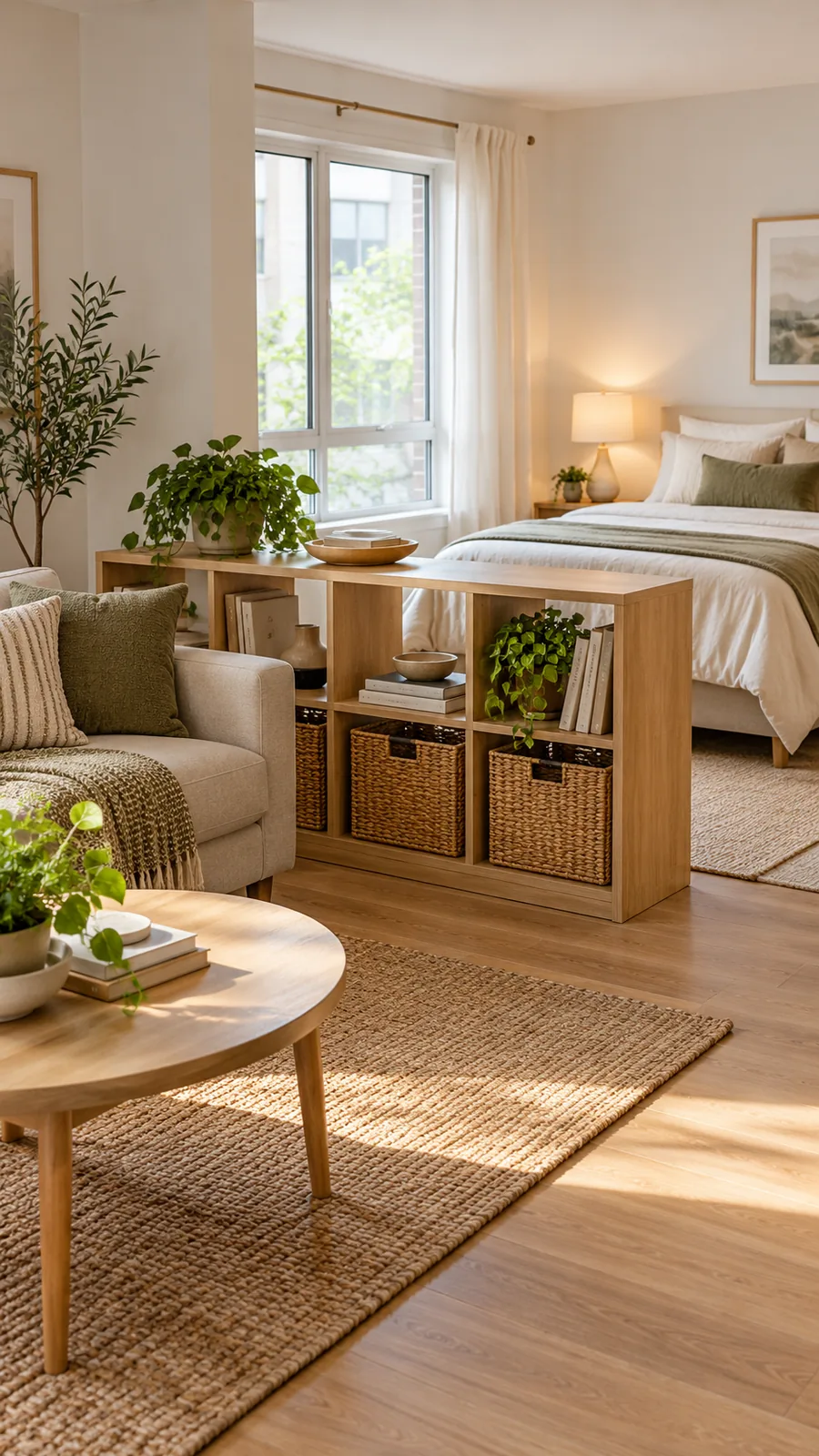 A Low Visual Boundary shown for studio apartment room divider ideas