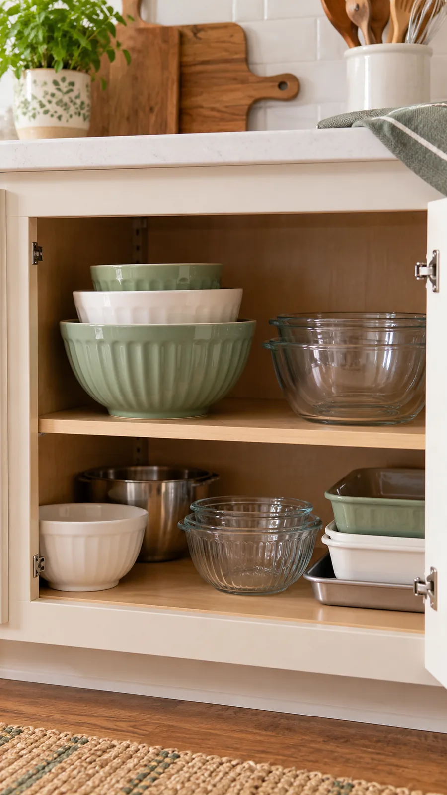 A Reachable Mixing-Bowl Stack shown for kitchen cabinet organization holiday baking