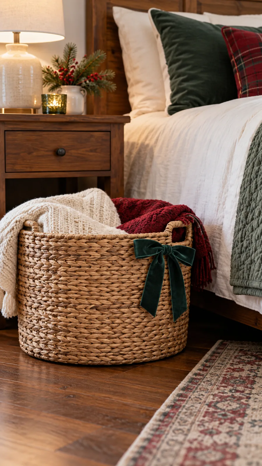 A Simple Ribbon on a Storage Basket shown for Christmas bedroom decor small room