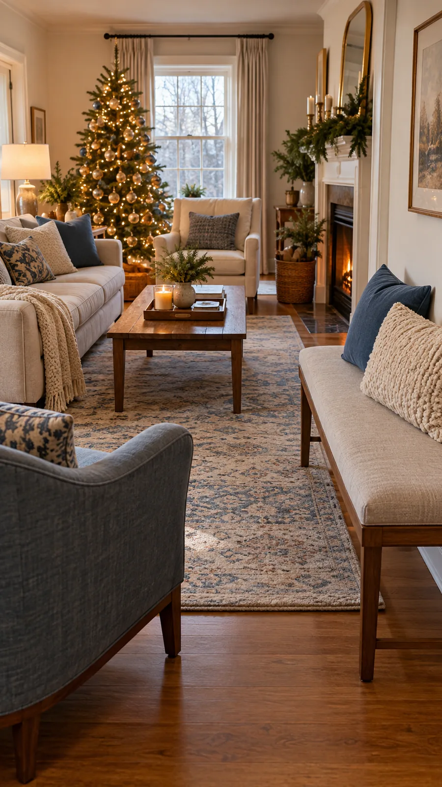 An Occasional Bench at the Edge shown for narrow living room seating ideas