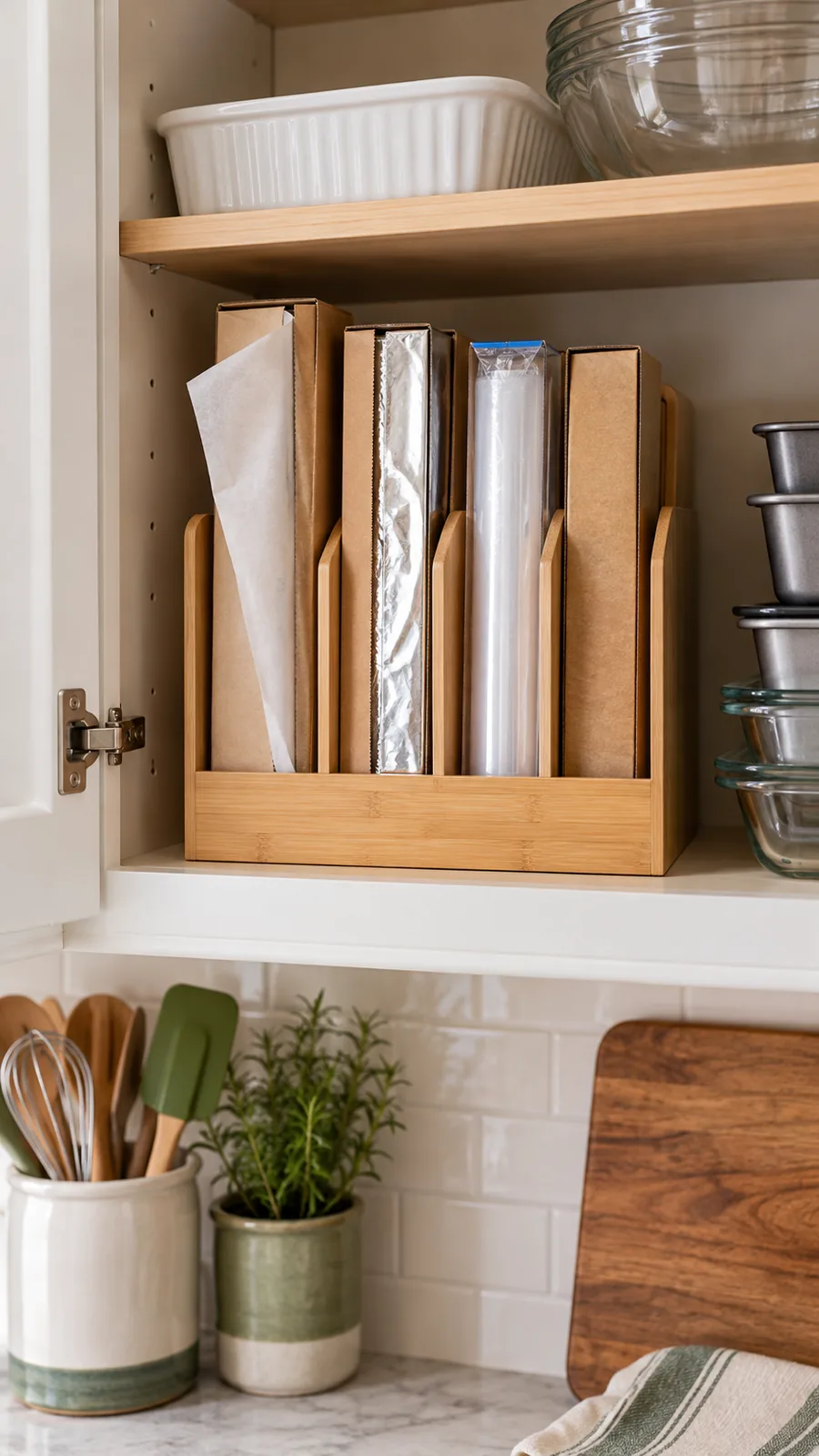 A Baking-Paper Sleeve shown for kitchen cabinet organization holiday baking