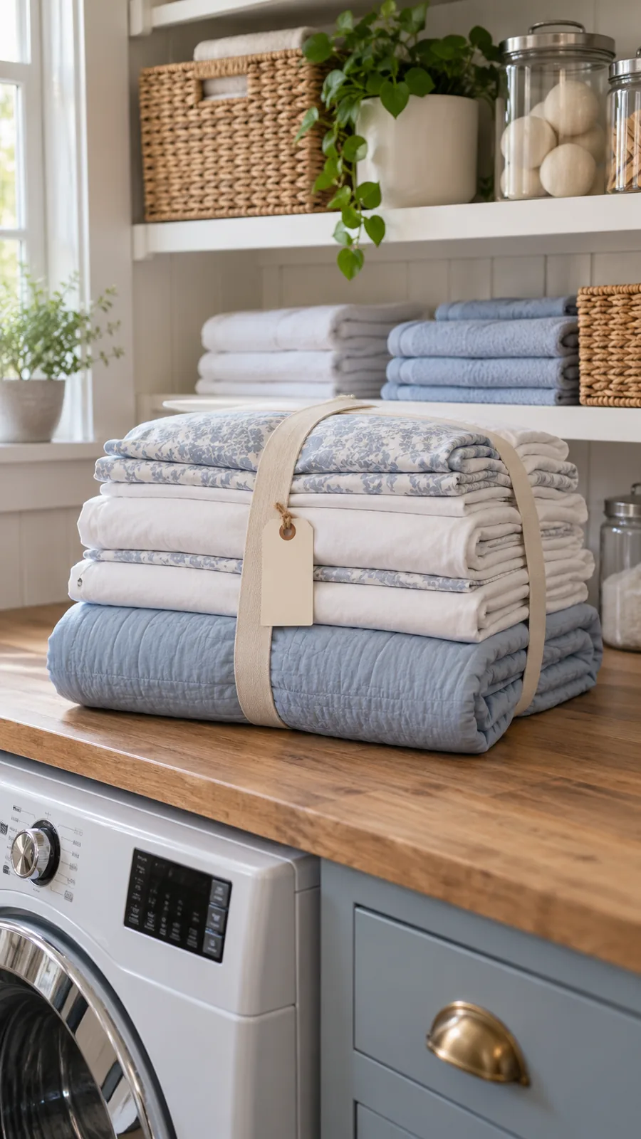 A Complete Guest-Bedding Bundle shown for small laundry area organization ideas