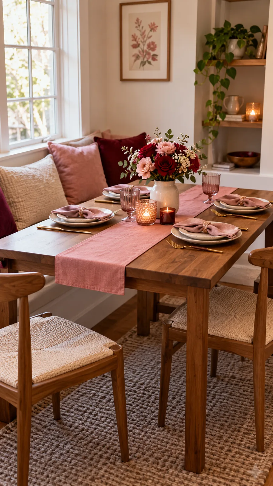 A Narrow Fabric Center Strip shown for Valentines Day dining nook ideas