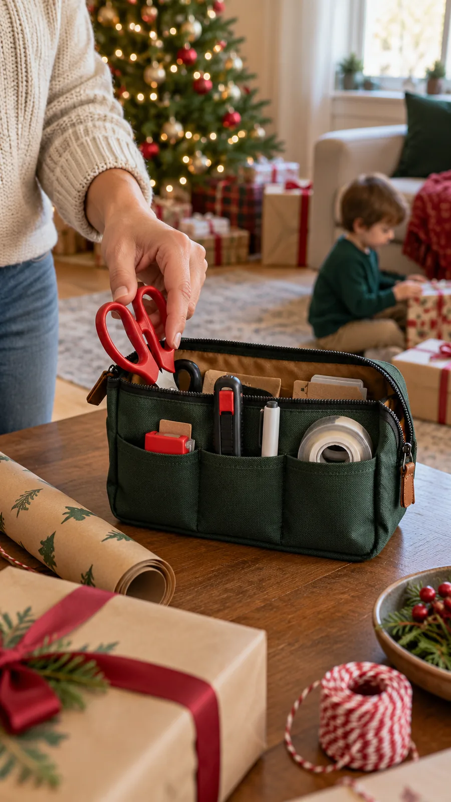 A Tools-Only Adult Pouch shown for Christmas gift opening setup small home