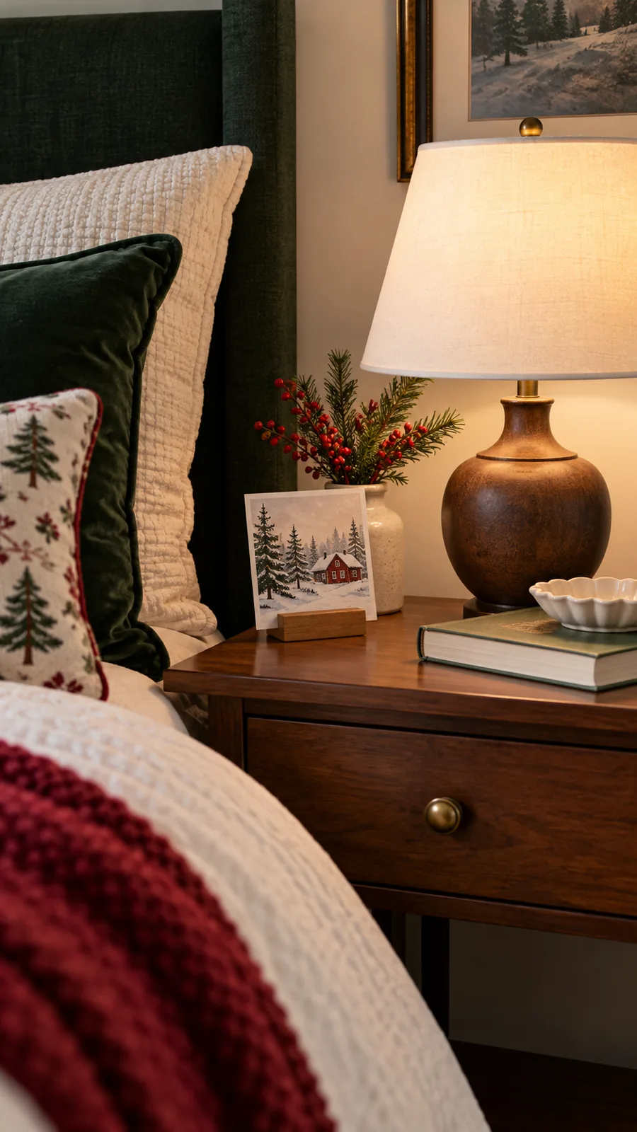 A Winter Bedside Postcard shown for Christmas bedroom decor small room