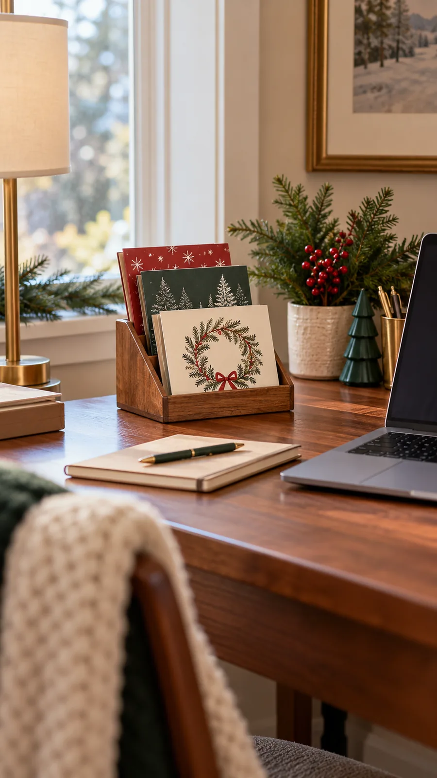 A Compact Desktop Holder shown for Christmas card display ideas small home