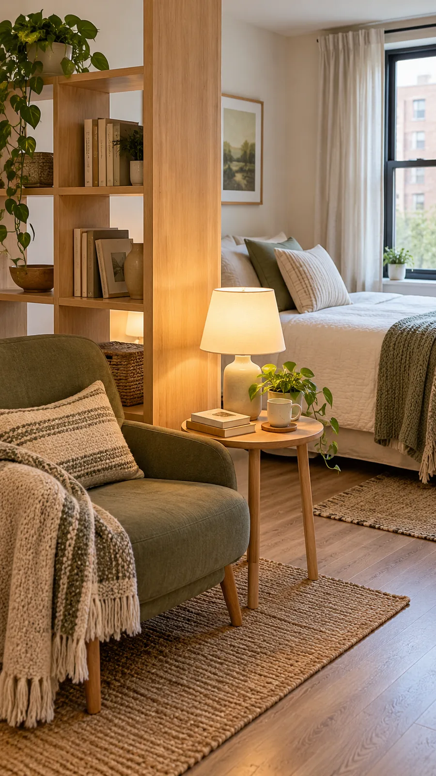 A Portable Reading-Side Arrangement shown for studio apartment room divider ideas