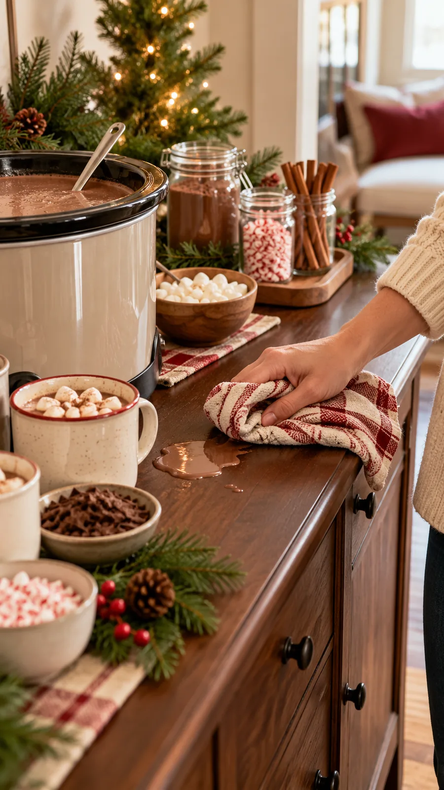 A Spill-Ready Cloth shown for hot cocoa bar ideas small space