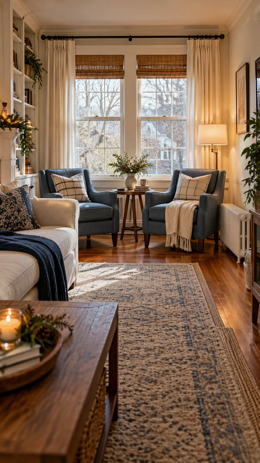 A Window-End Conversation Pair shown for narrow living room seating ideas