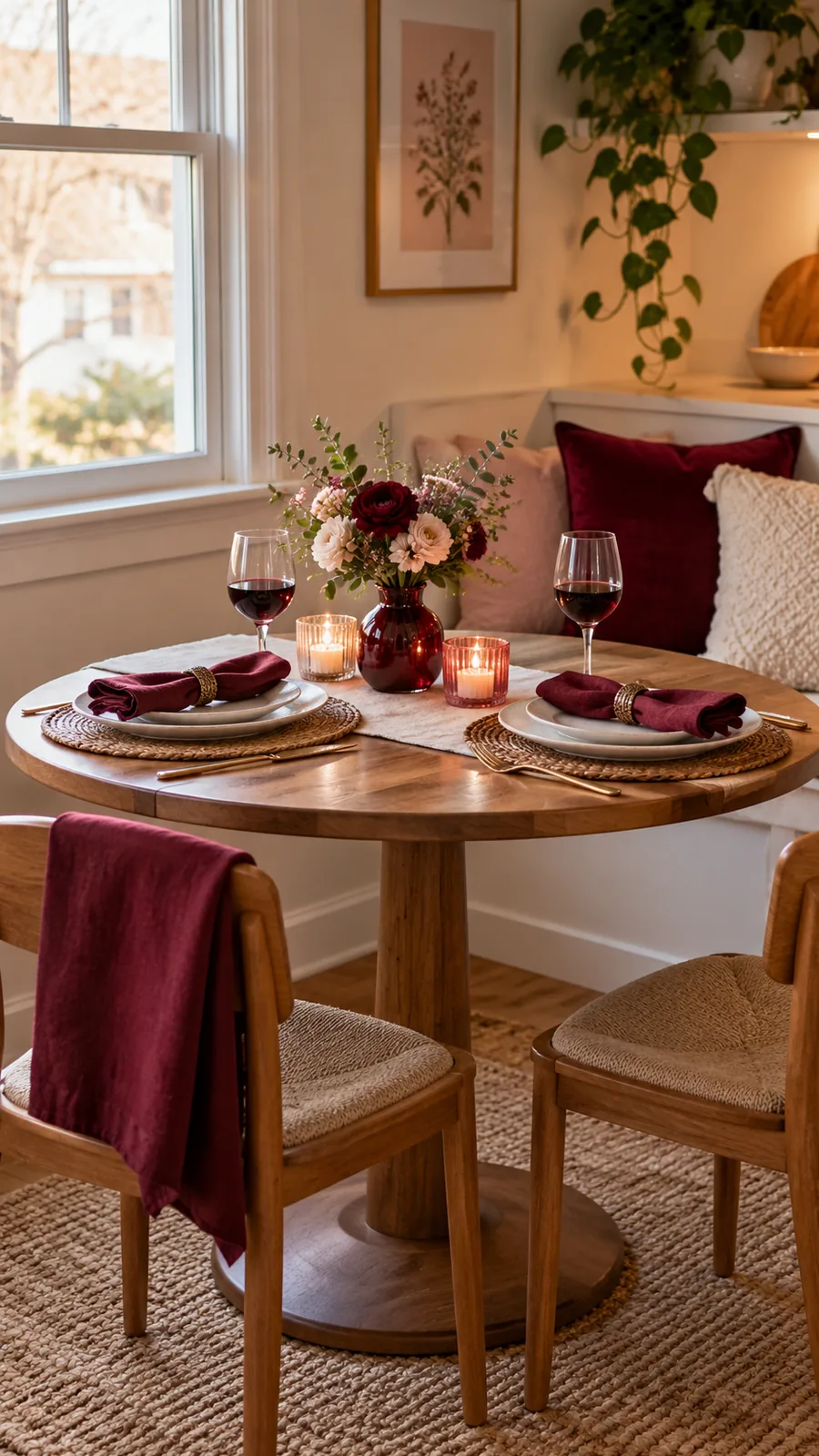 A Burgundy Detail for a Deeper Palette shown for Valentines Day dining nook ideas