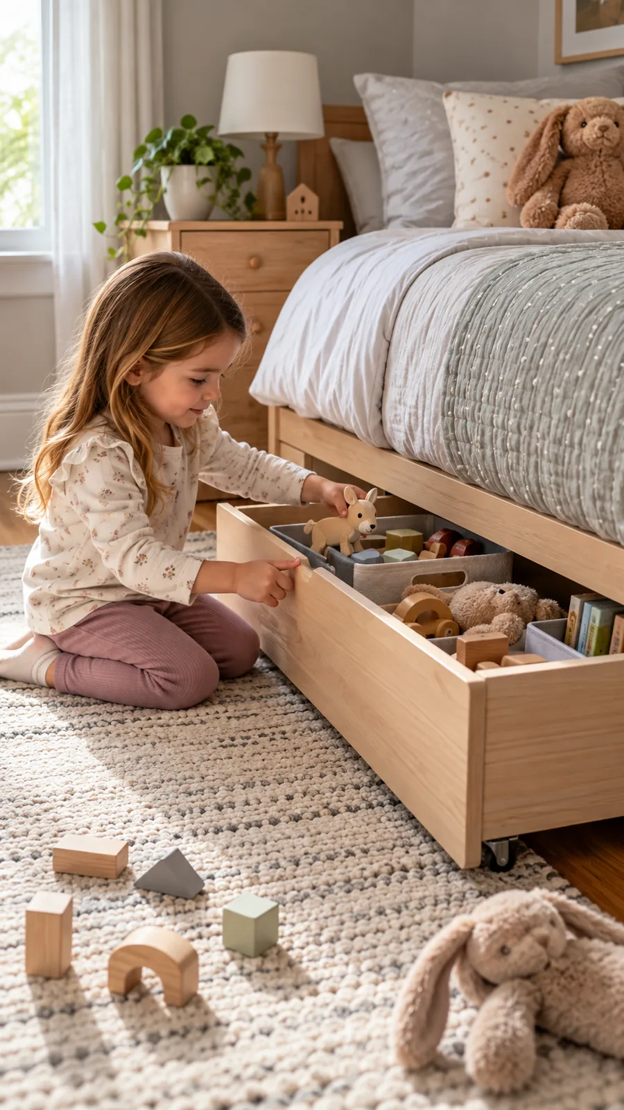 A Child-Reachable Toy Drawer shown for under bed storage ideas small bedroom