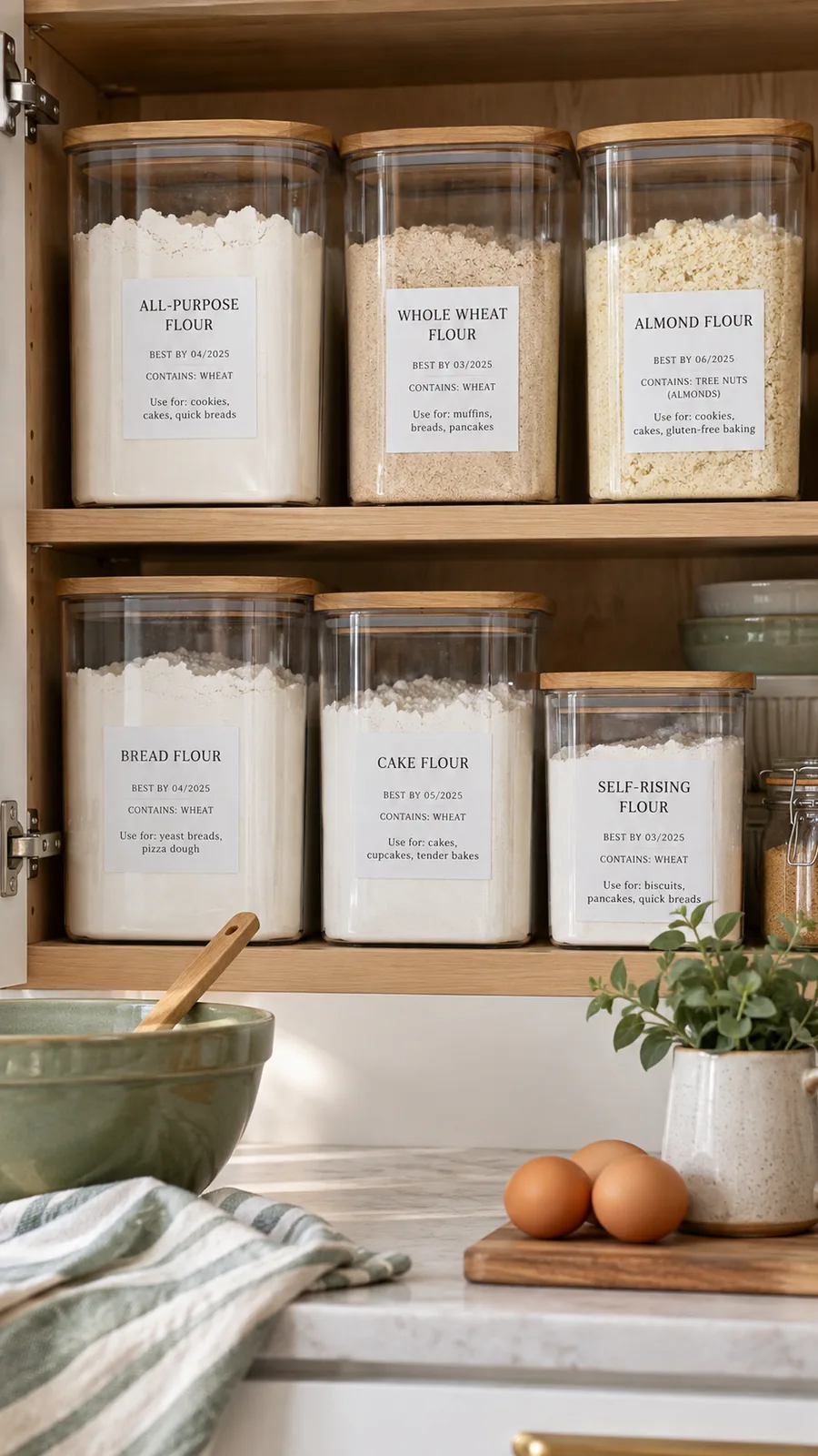 A Labeled Flour-Container Shelf shown for kitchen cabinet organization holiday baking