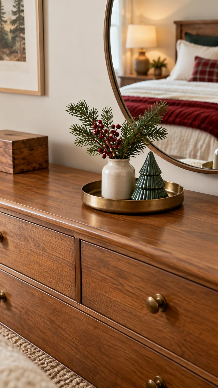 A Low Tray on the Dresser shown for Christmas bedroom decor small room