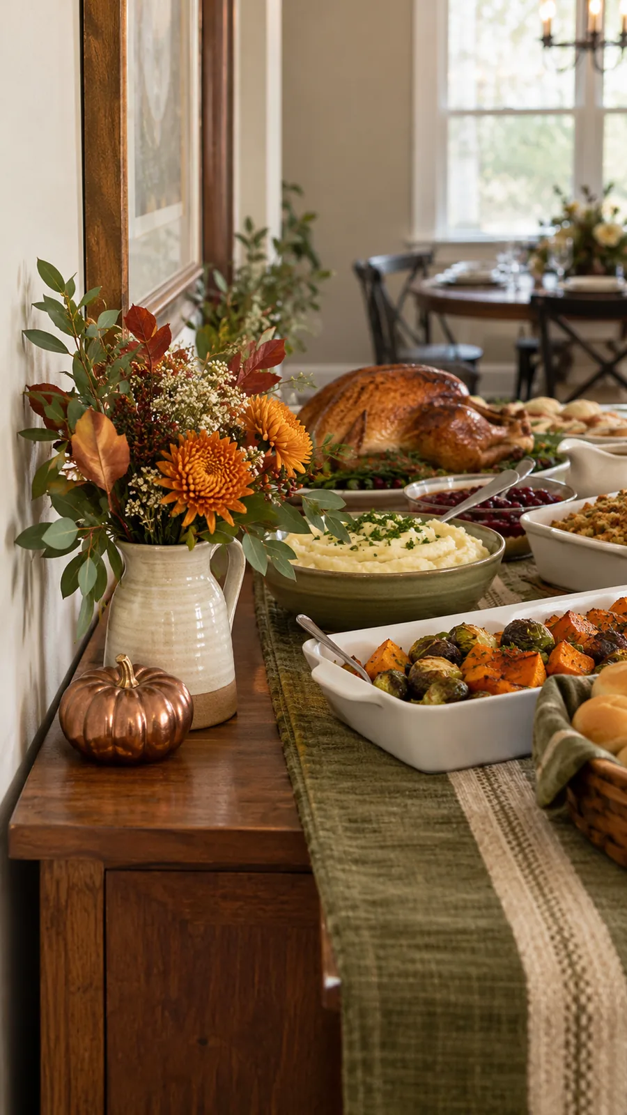 A Small Decoration Outside the Serving Area shown for Thanksgiving buffet setup ideas