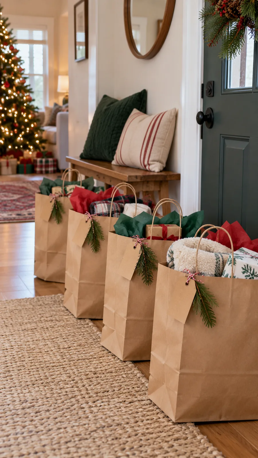 A Bag for Each Departing Household shown for Christmas gift opening setup small home