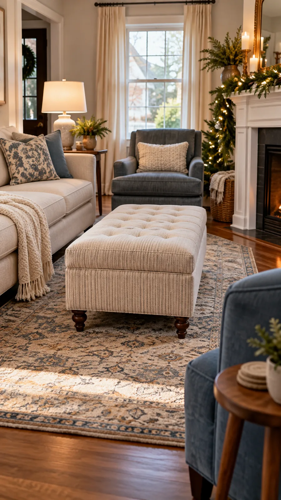 A Cleared Ottoman shown for narrow living room seating ideas