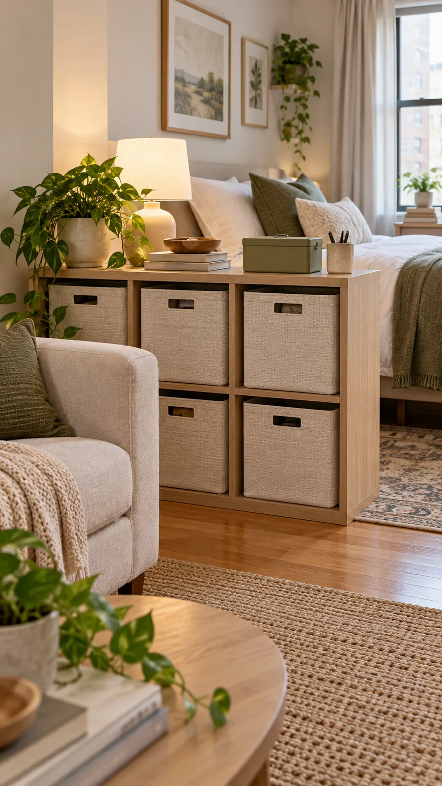 A Consistent Storage Color shown for studio apartment room divider ideas
