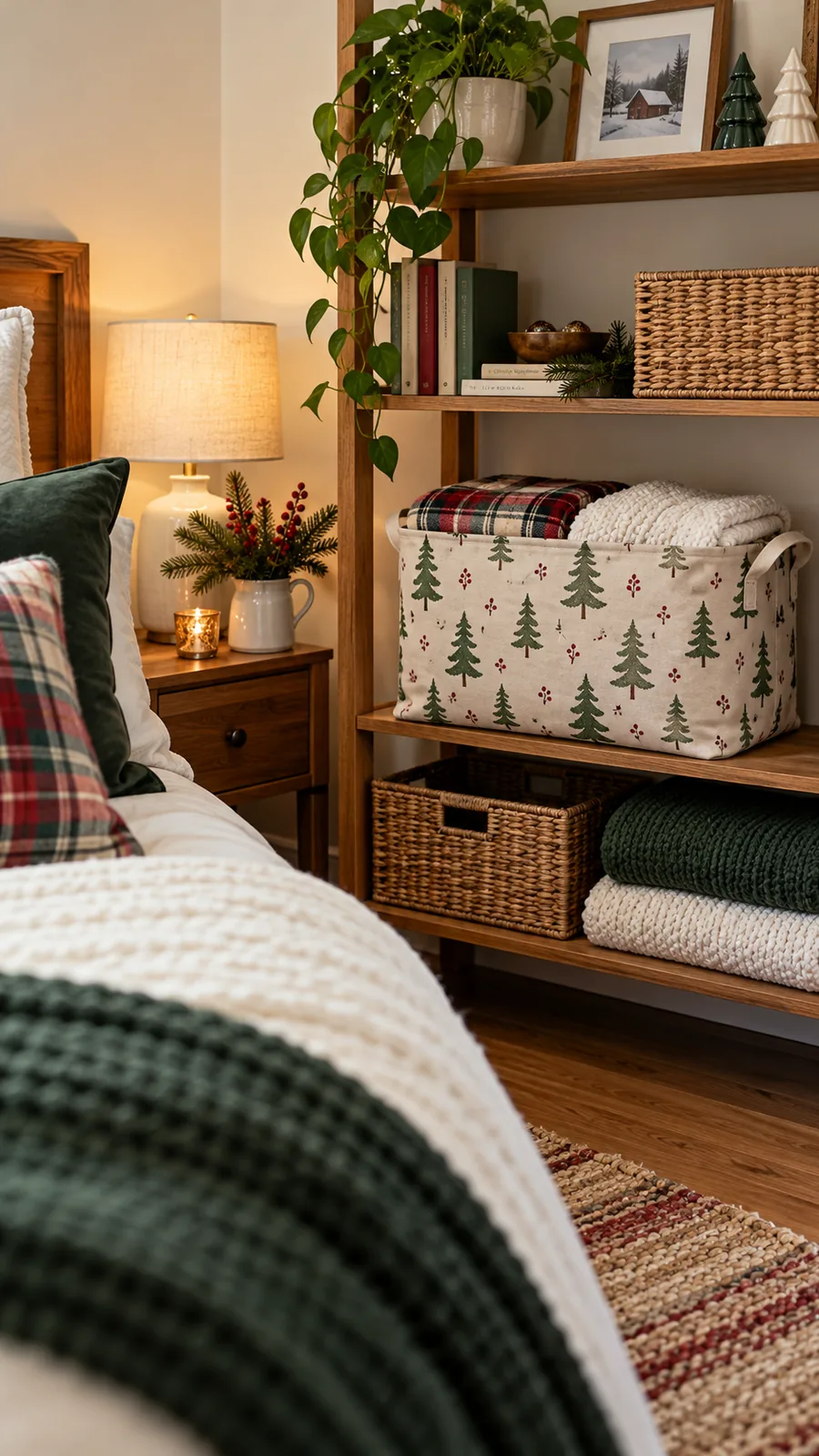 A Seasonal Fabric Storage Bag shown for Christmas bedroom decor small room