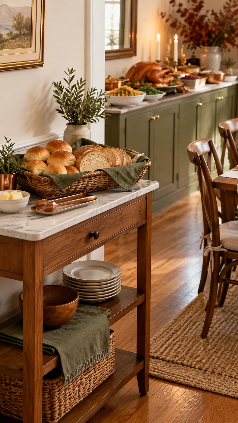 A Suitable Secondary Bread Spot shown for Thanksgiving buffet setup ideas