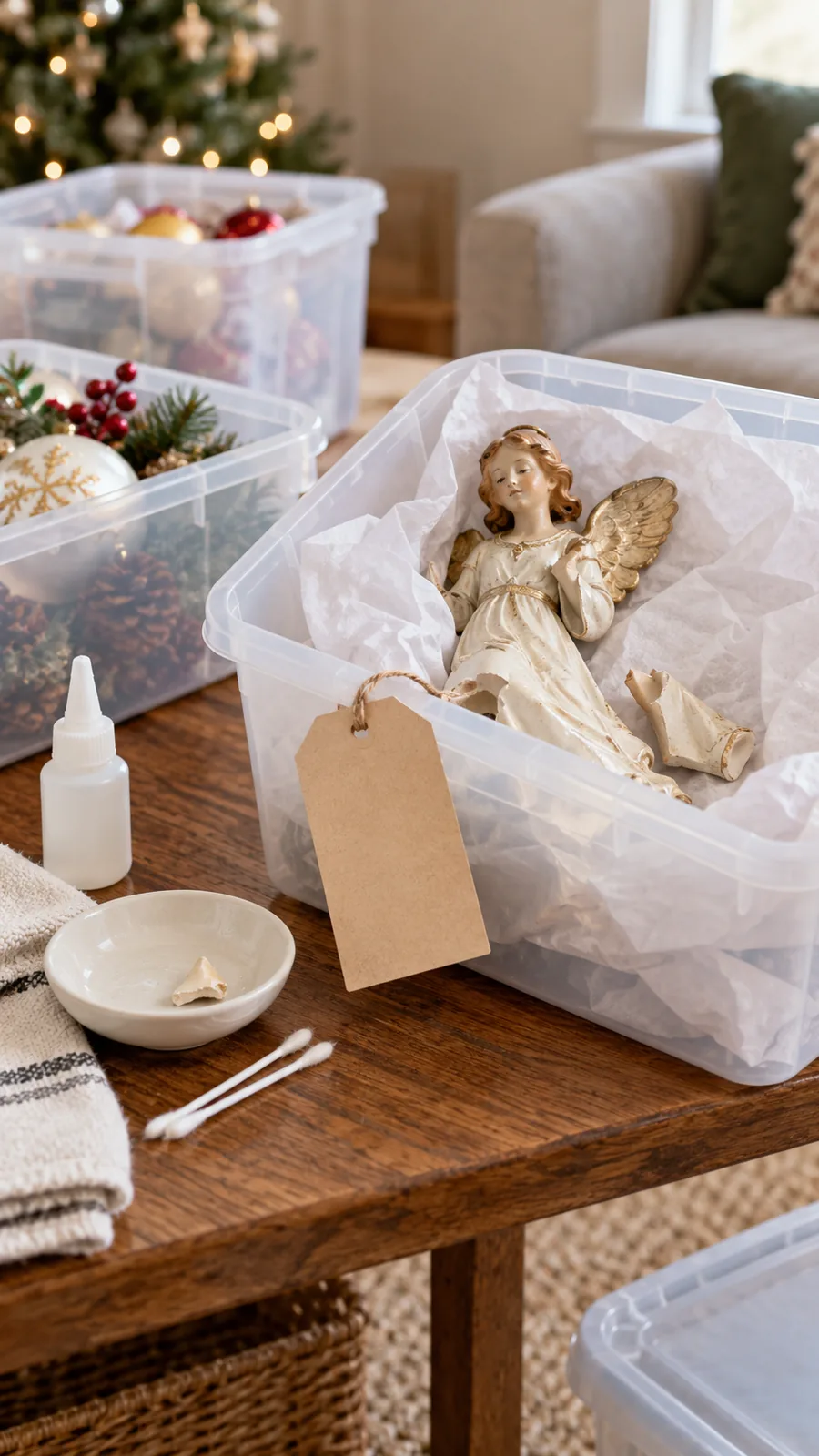A Repair-Before-Storage Label shown for how to clean holiday decorations