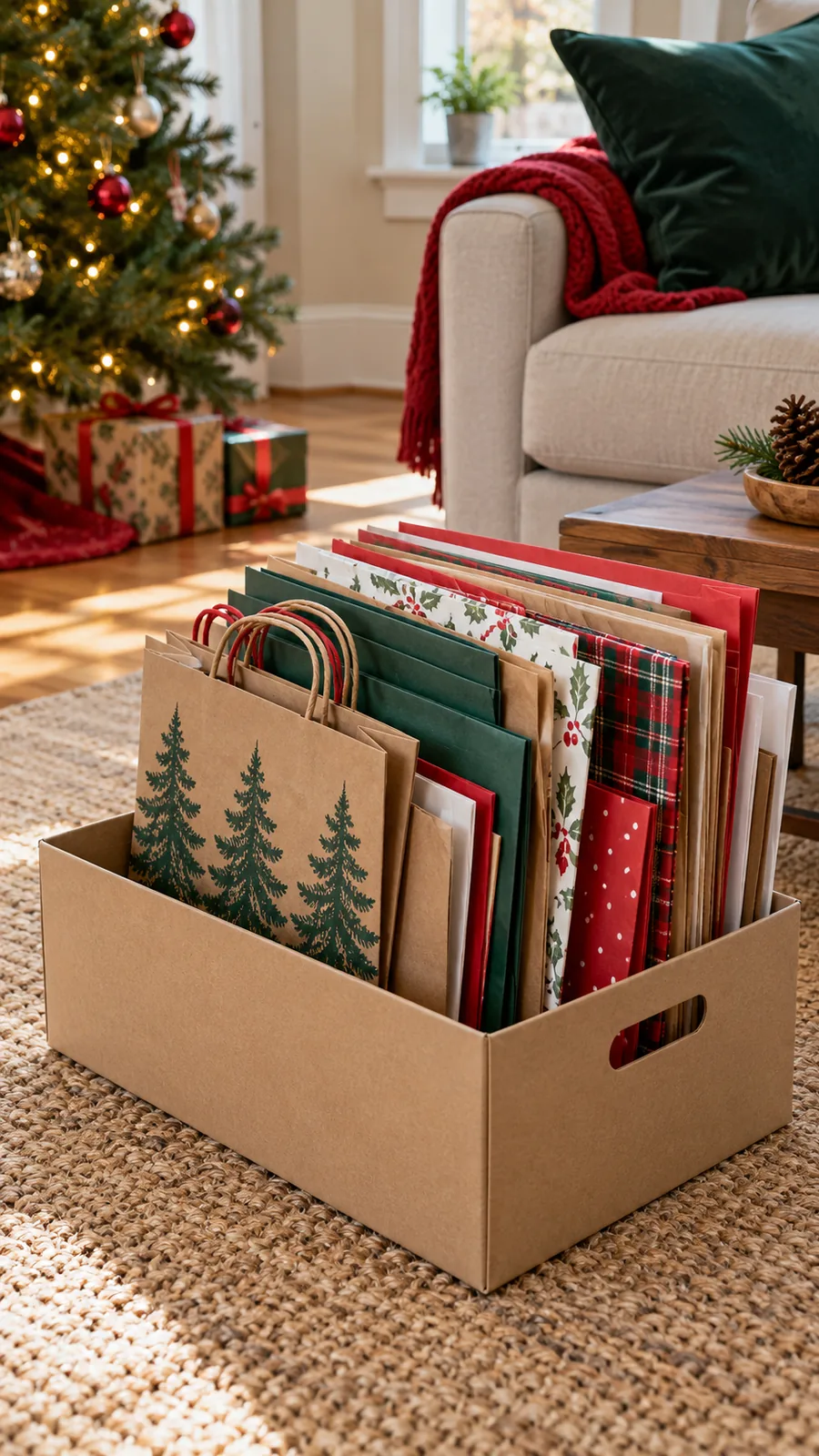 A Saved-Paper Flat Box shown for Christmas gift opening setup small home