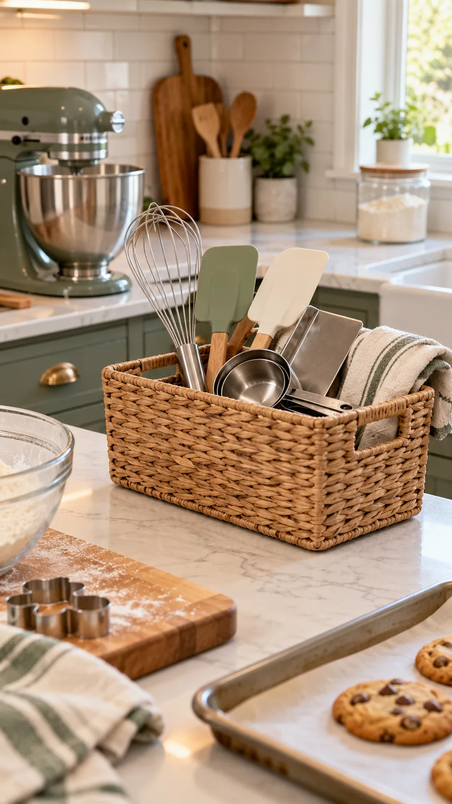A Temporary Counter-Return Basket shown for kitchen cabinet organization holiday baking