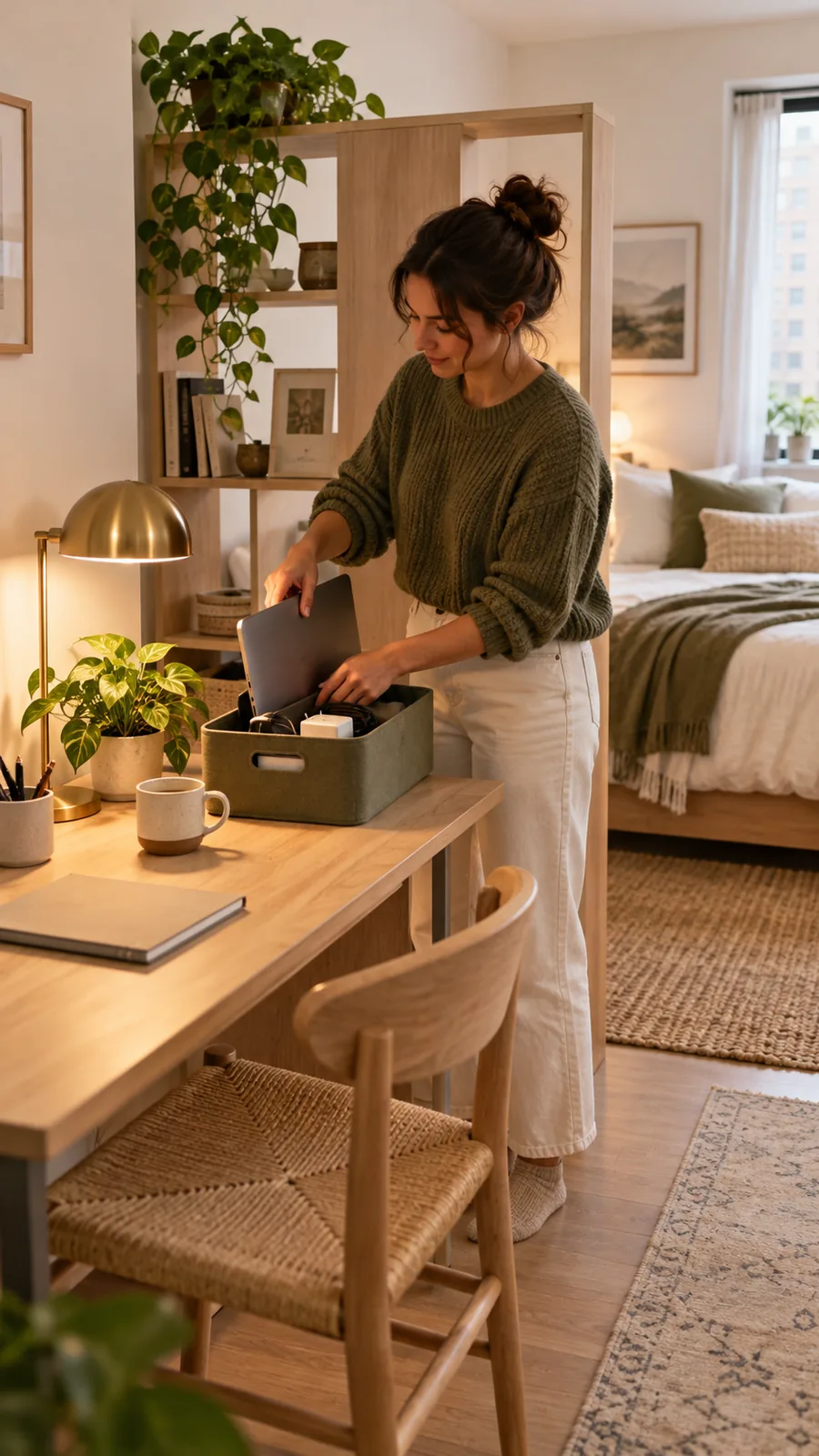 A Temporary Work-Area Reset shown for studio apartment room divider ideas