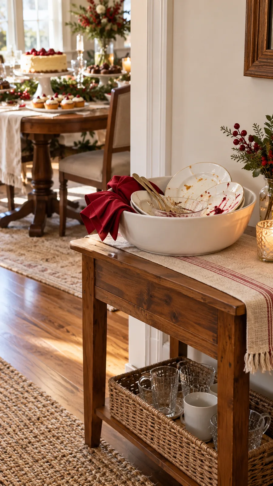 A Clearly Different Used-Dish Area shown for holiday dessert table ideas small space